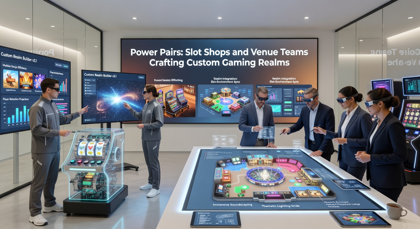 Venue team test een custom gaming realm met slot shop adviseurs in een levendige casino-omgeving tijdens een finale check