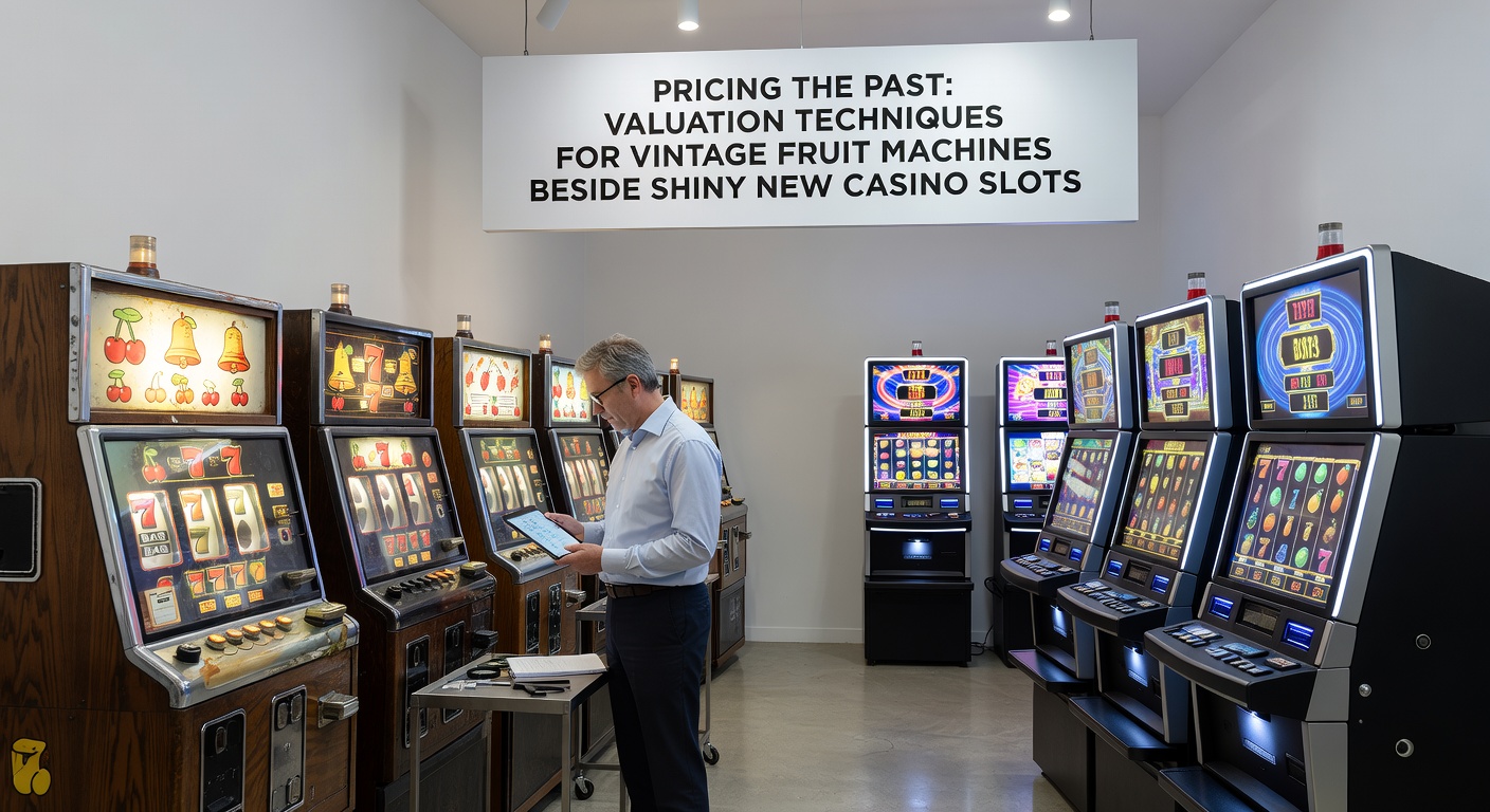Veilingzaal met bieders rond vintage fruitmachines, symboliserend de dynamiek van waardebepaling in een levendige markt