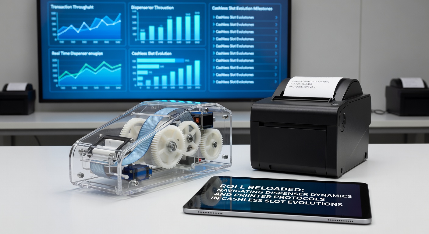 Close-up van een printerprotocol in een cashless slot, met zichtbaar papiertransport en dispensercomponenten tijdens een testfase