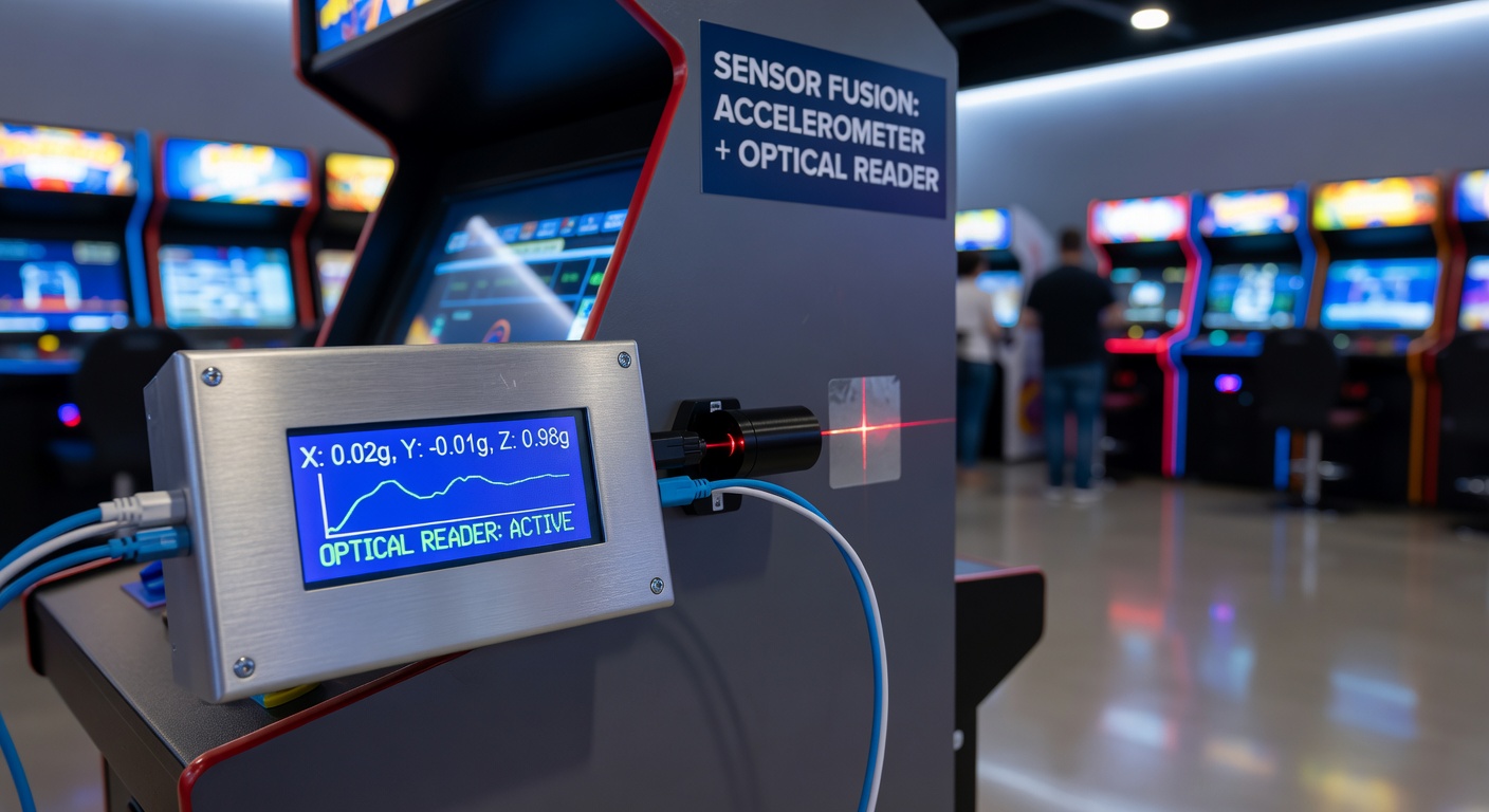 Sensorfusie setup met accelerometers en optische lezers in een gokkastkast