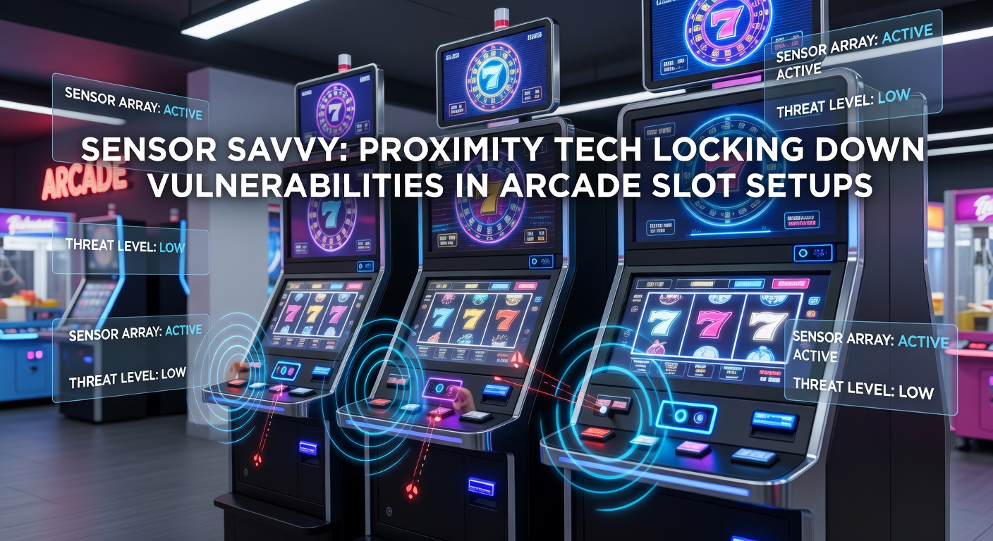 Nabijheidssensoren detecteren beweging rond een arcade gokkast, met zichtbaar een beveiligd kabinet en technologie die tampering voorkomt