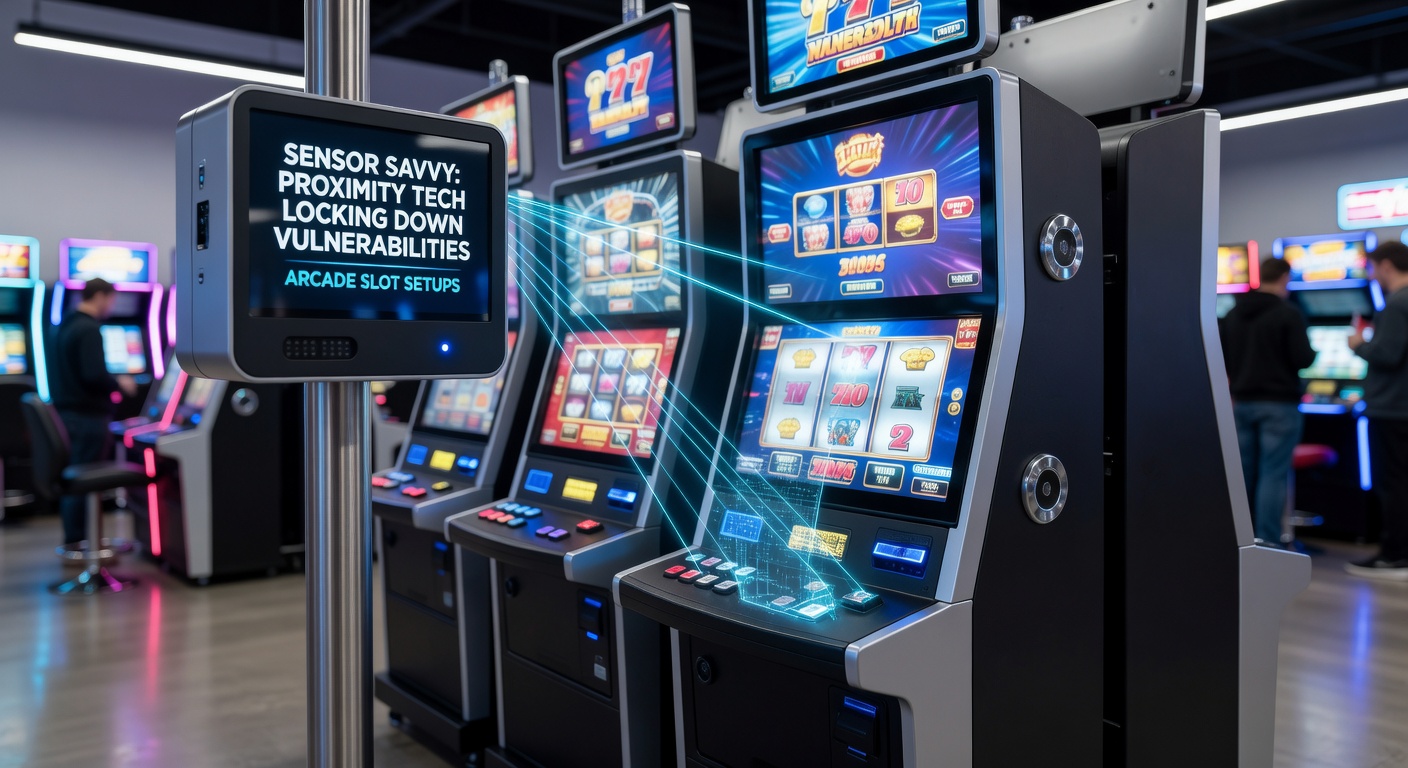 Technicus kalibreert een proximity sensor op een gokkast, met tools en display dat detectieranges toont voor optimale beveiliging