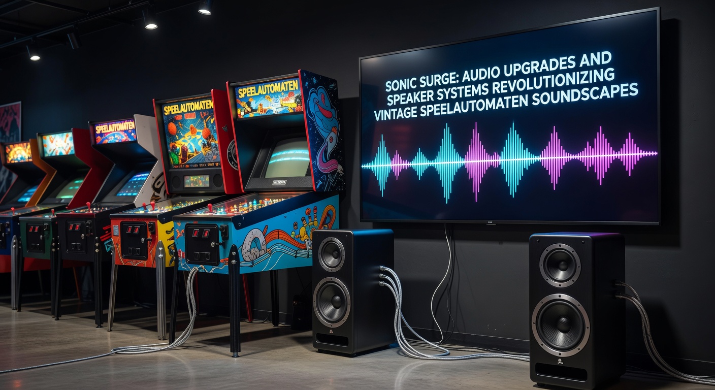 Vintage speelautomaat met gloednieuwe audio-upgrade, luidsprekers stralen geluidsgolven uit in een casino-omgeving