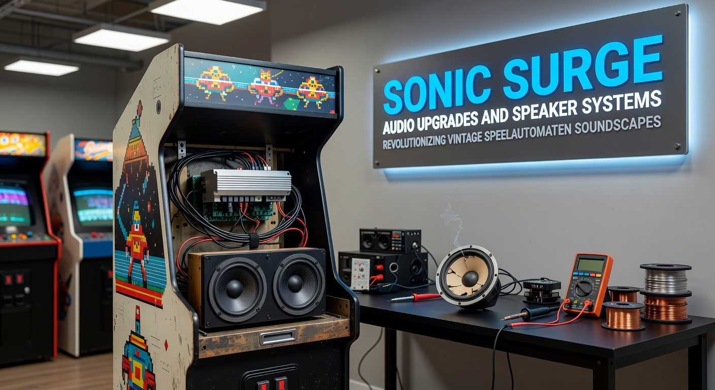 Technicus installeert geavanceerd luidsprekersysteem in een vintage fruitmachine, met zichtbare DSP-board en Bluetooth-module