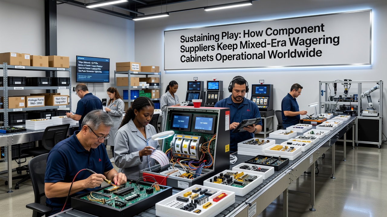 Technici assembleren onderdelen voor gemengde gokkastsystemen in een professionele werkplaats