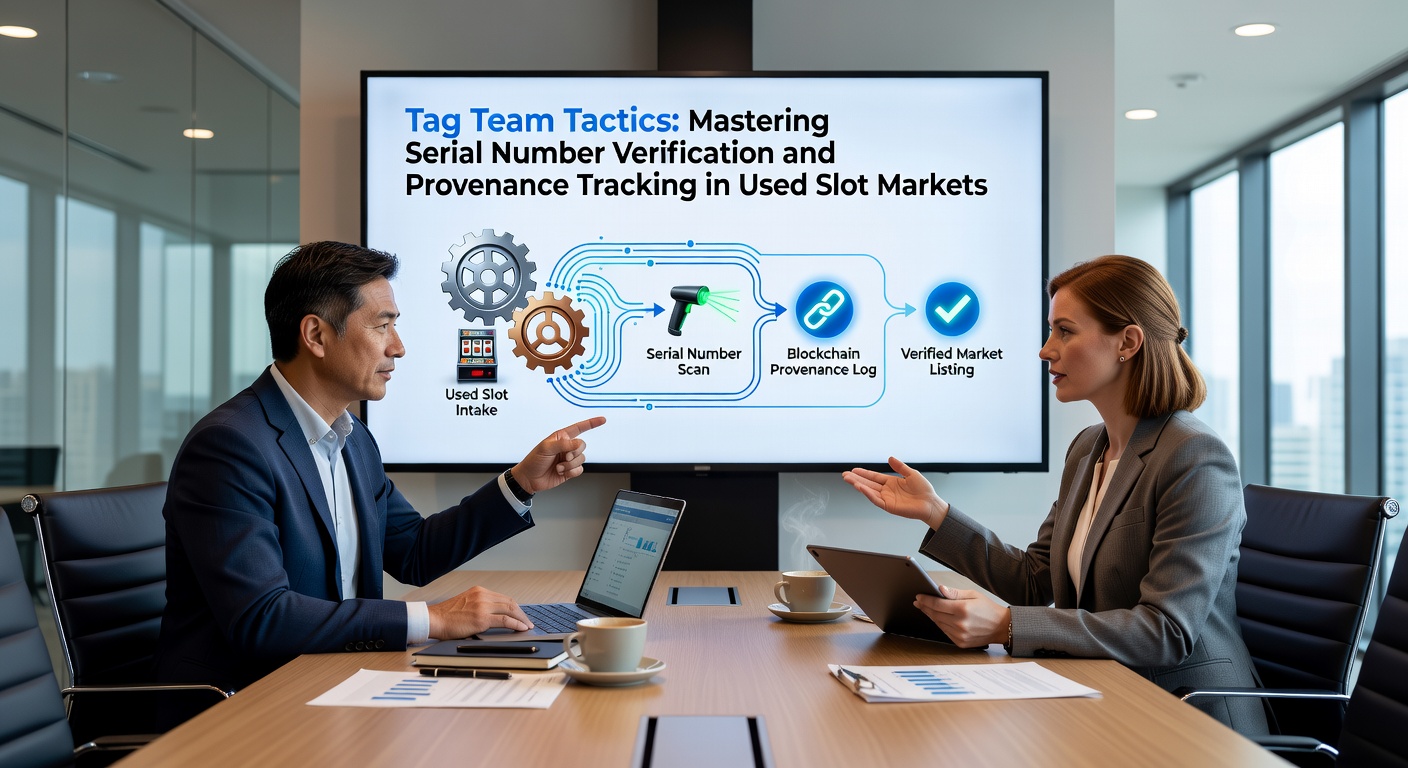 Team van specialisten bespreekt herkomstdocumenten bij een gebruikte gokkast, met laptops en scanners in gebruik tijdens een verificatiesessie
