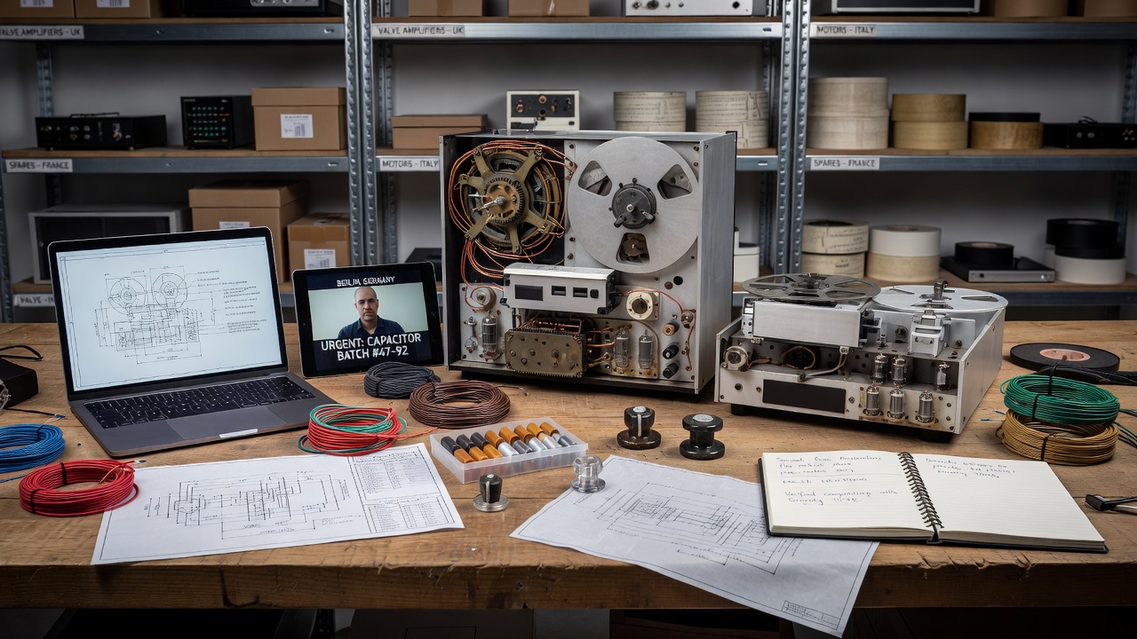 Technici die vintage reel cabinets repareren met gespecialiseerde onderdelen