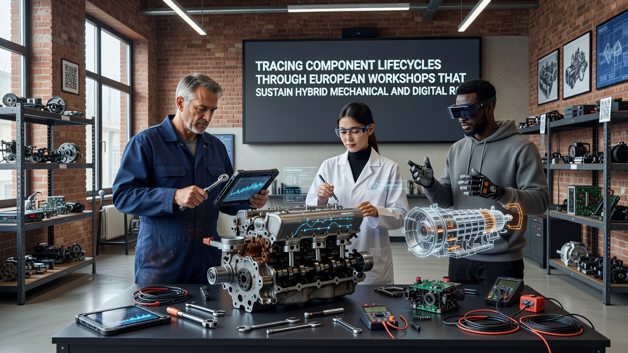 Technicus die een digitale encoder kalibreert in een hybride reel systeem binnen een Europese workshop