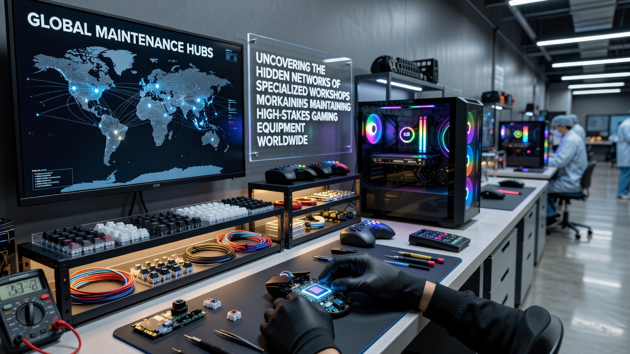 Gespecialiseerde technici inspecteren high-stakes gaming apparatuur in een wereldwijde werkplaats