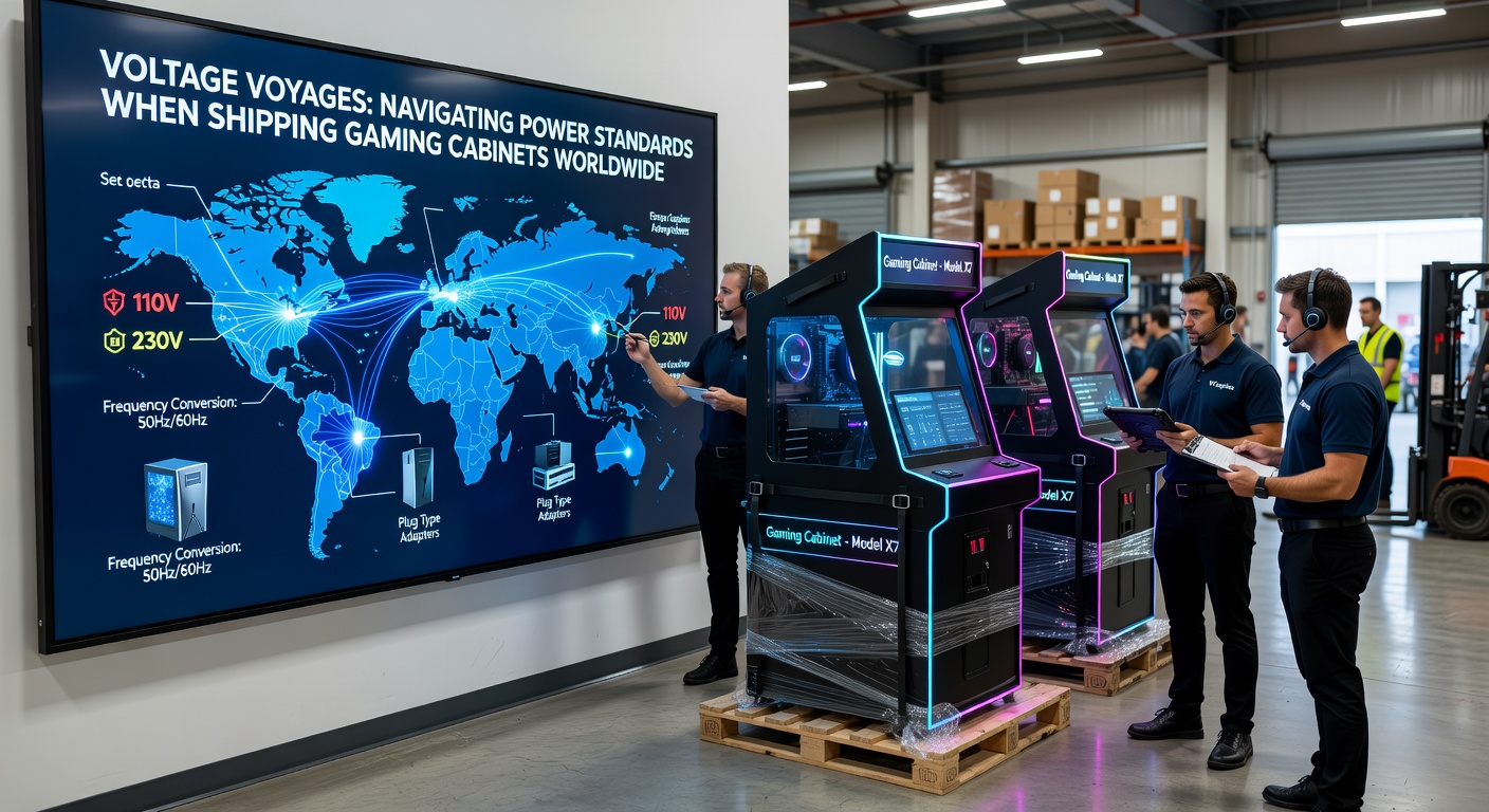 Een gokautomaat wordt wereldwijd verscheept met adapters en certificeringslabels zichtbaar op de verpakking, symboliserend de uitdagingen van verschillende stroomnormen