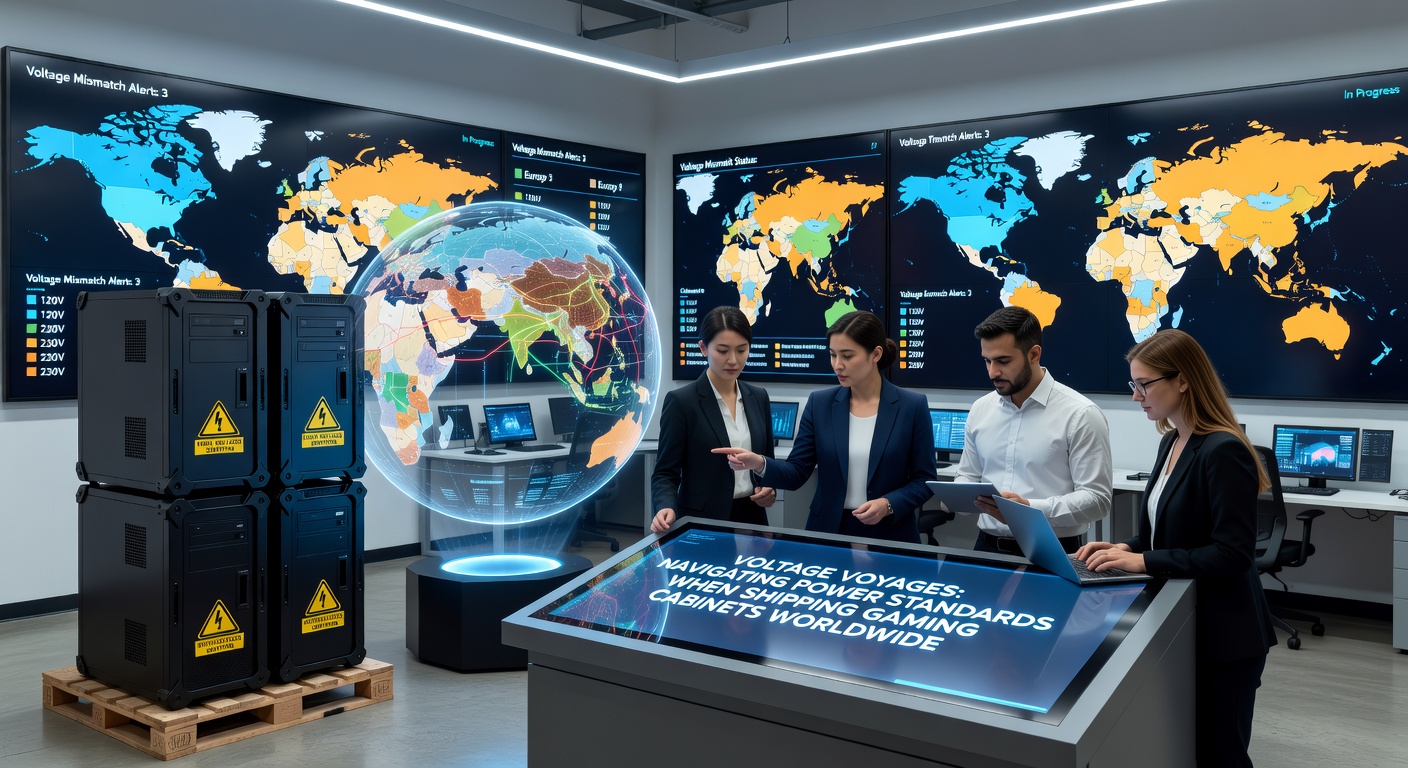 Technicus test een gokautomaat op voltage-compatibiliteit met multimeter en adapters, met wereldkaart op de achtergrond die stroomnormen per continent visualiseert