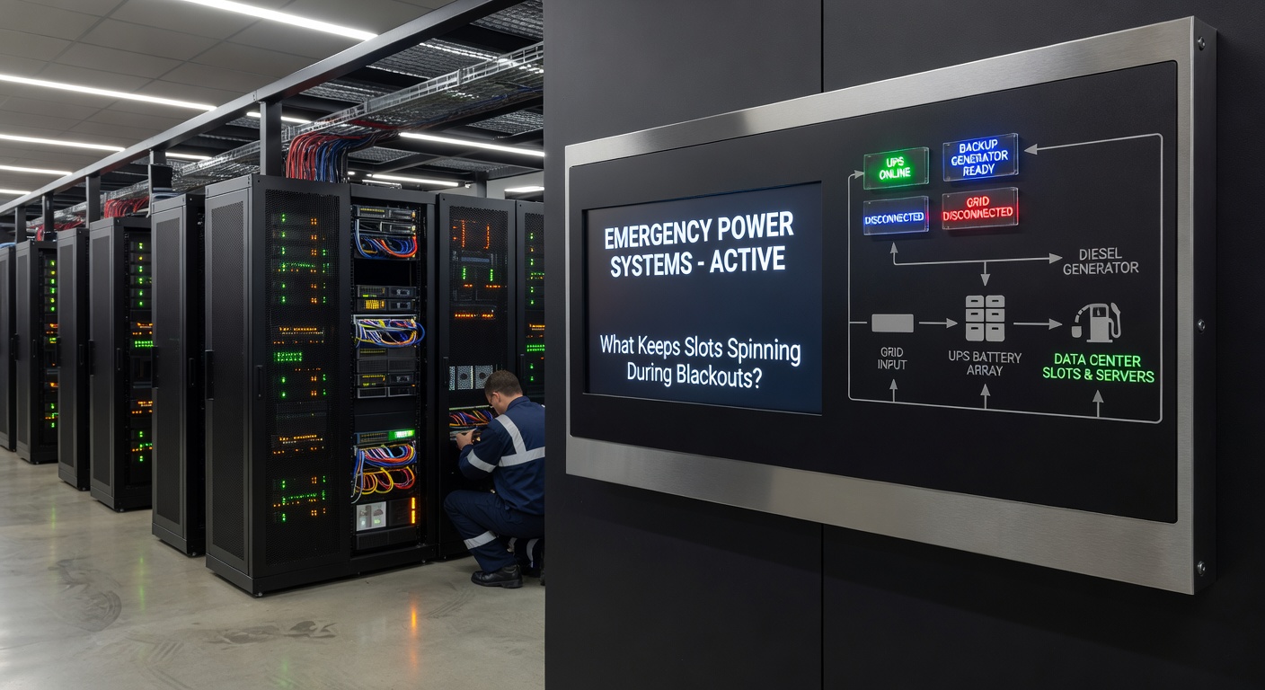 UPS-systeem en generator aangesloten op een rij gokkasten in een bruisende gamingwinkel tijdens een gesimuleerde blackout